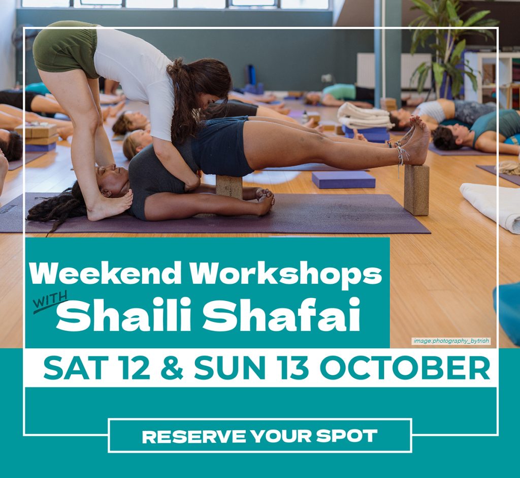 Promo Graphic for Shaili Shafai workshop at Herefored Yoga Centre. Text overlaid studio image of Shaili teaching in class. 