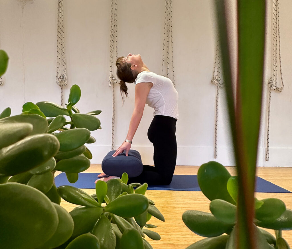 Jenny-May while in asana at Hereford Yoga Centre. Plants in foreground.